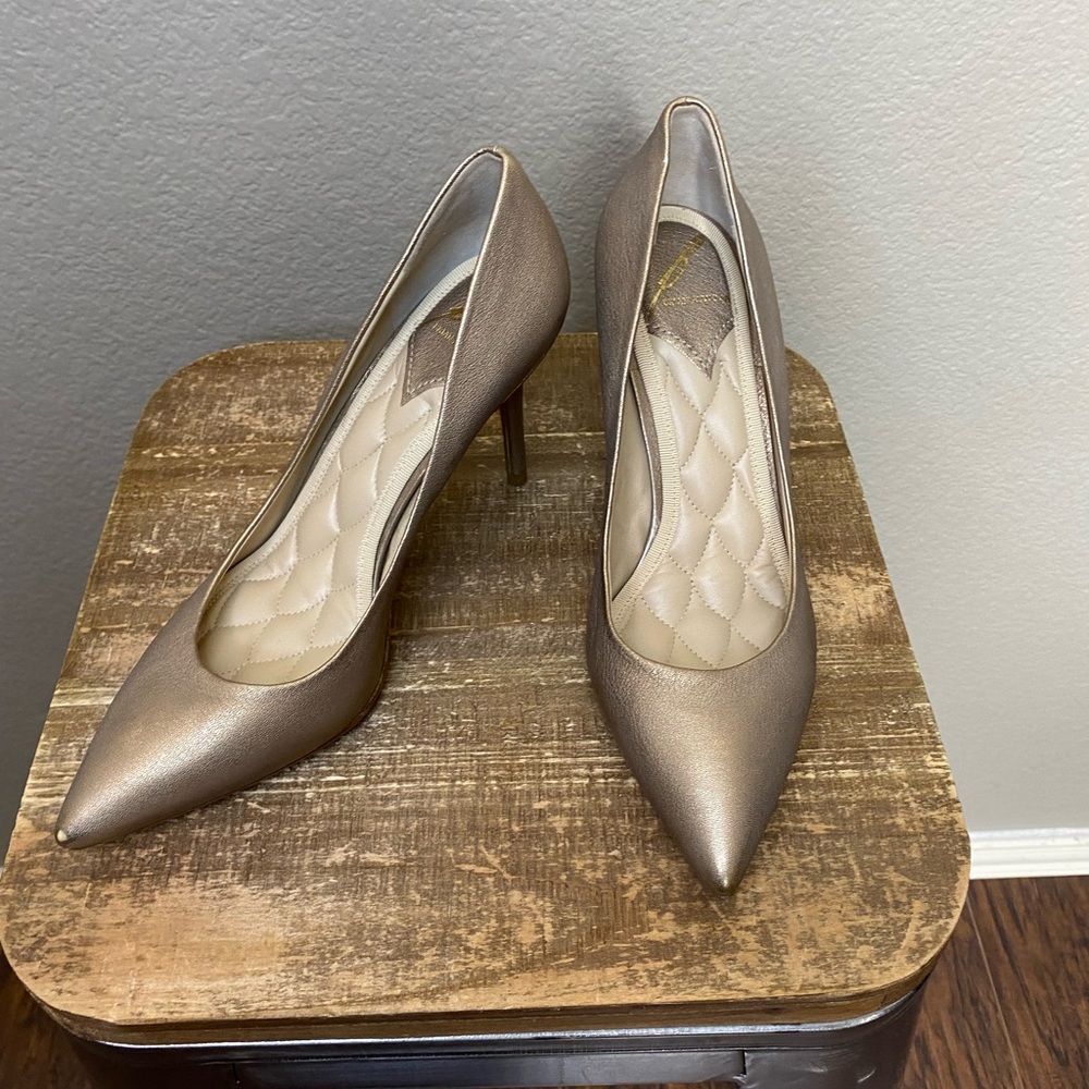 Brian Atwood Metallic Leather Quilted Bedding Pump Heels